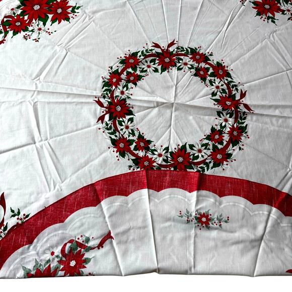 Vintage Christmas Holiday Tablecloth round white red poinsettias cotton poly 80s - Picture 6 of 9